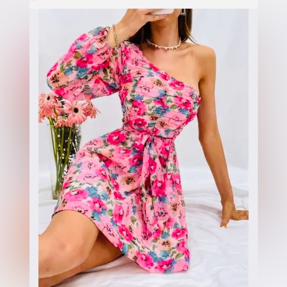 SHEIN one-Shoulder Floral Dress Back Zipper & Ties Flowey Skirt Pink & Blue